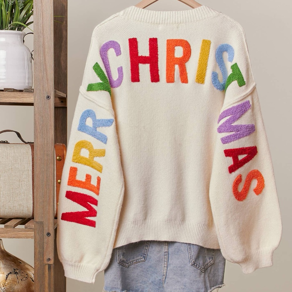 3D Off White MERRY CHRISTMAS Rainbow Raised Letters Long Sleeve Cardigan Sweater